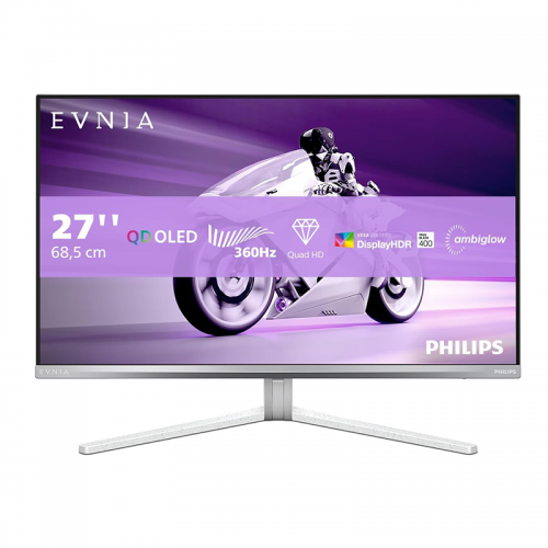 PHILIPS Evnia 27M2N8500 26.5 inch QHD OLED Gaming Monitor — 360 Hz, 0.03 ms, HDR400, FreeSync. Prem., G-Sync comp. (2560x1440, 2x HDMI 2.1, 1x DP 1.4, USB Hub) white